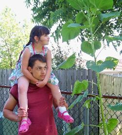 My sunflower plant is taller than Alex and I!